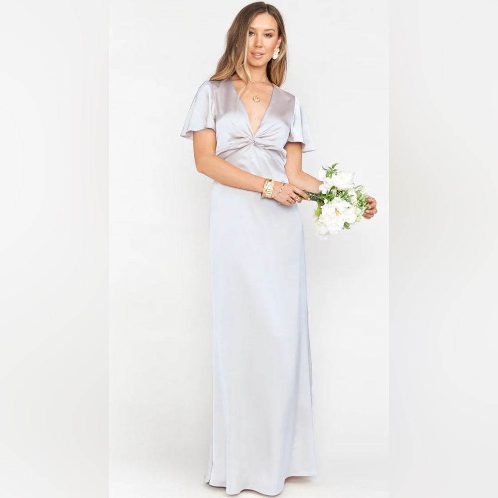$198 Show Me Your MUMU Rome Twist Gown Silver Luxe Satin Maxi Dress